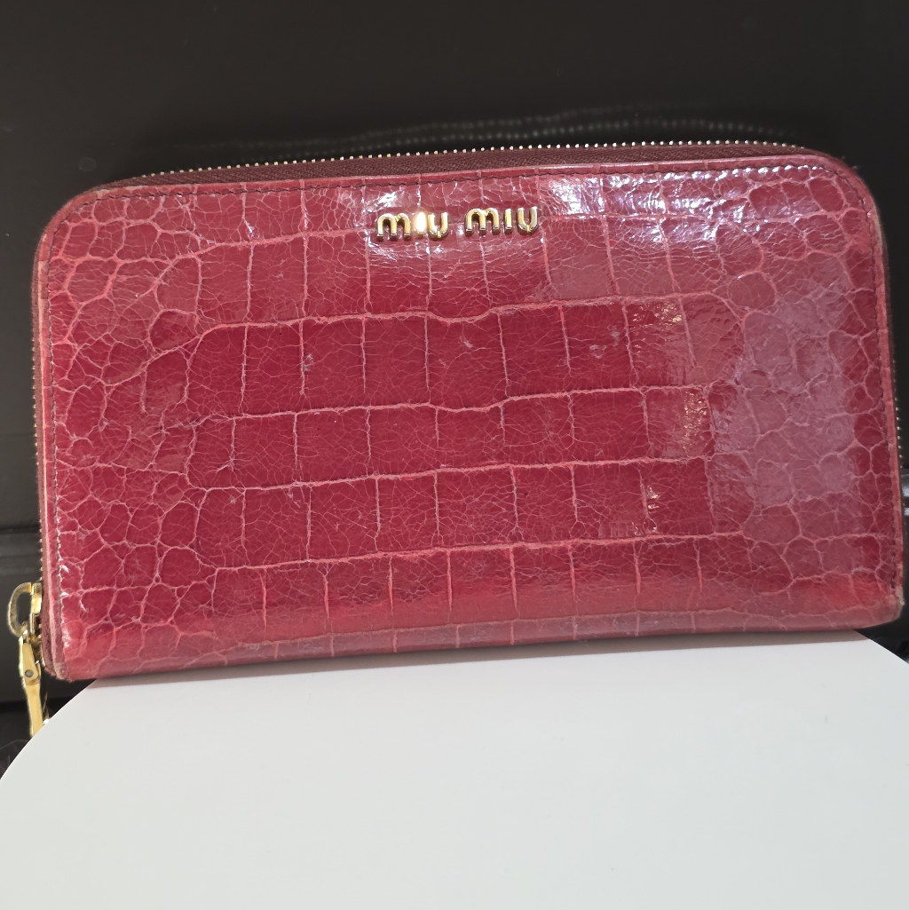 Miu Miu Red Crocodile-Embossed Leather Zip-Aroundwallet.